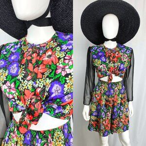 Vintage 90s floral coord two-piece shorts playset outfit red black small medium